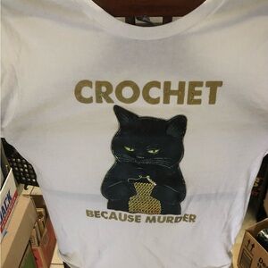 Crochet Because Murder Black Cat Knitting Funny T Shirt size M